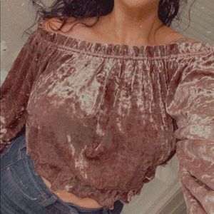 Lulu’s brown velvet off the shoulder top